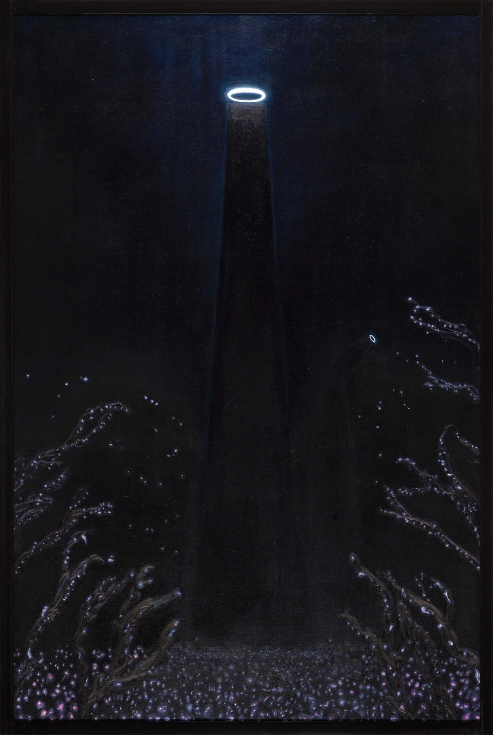 Gemälde von Michael Tauschke Harut und Marut Öl auf Leinwand;Öl auf Leinwand,177,5 x 117 cm,und Rahmen;Harut, Marut, Blume, Licht, Leuchten, Lasur, Holy, Unholy, Heiligenschein, Stehle, Obelisk, dunkel; 